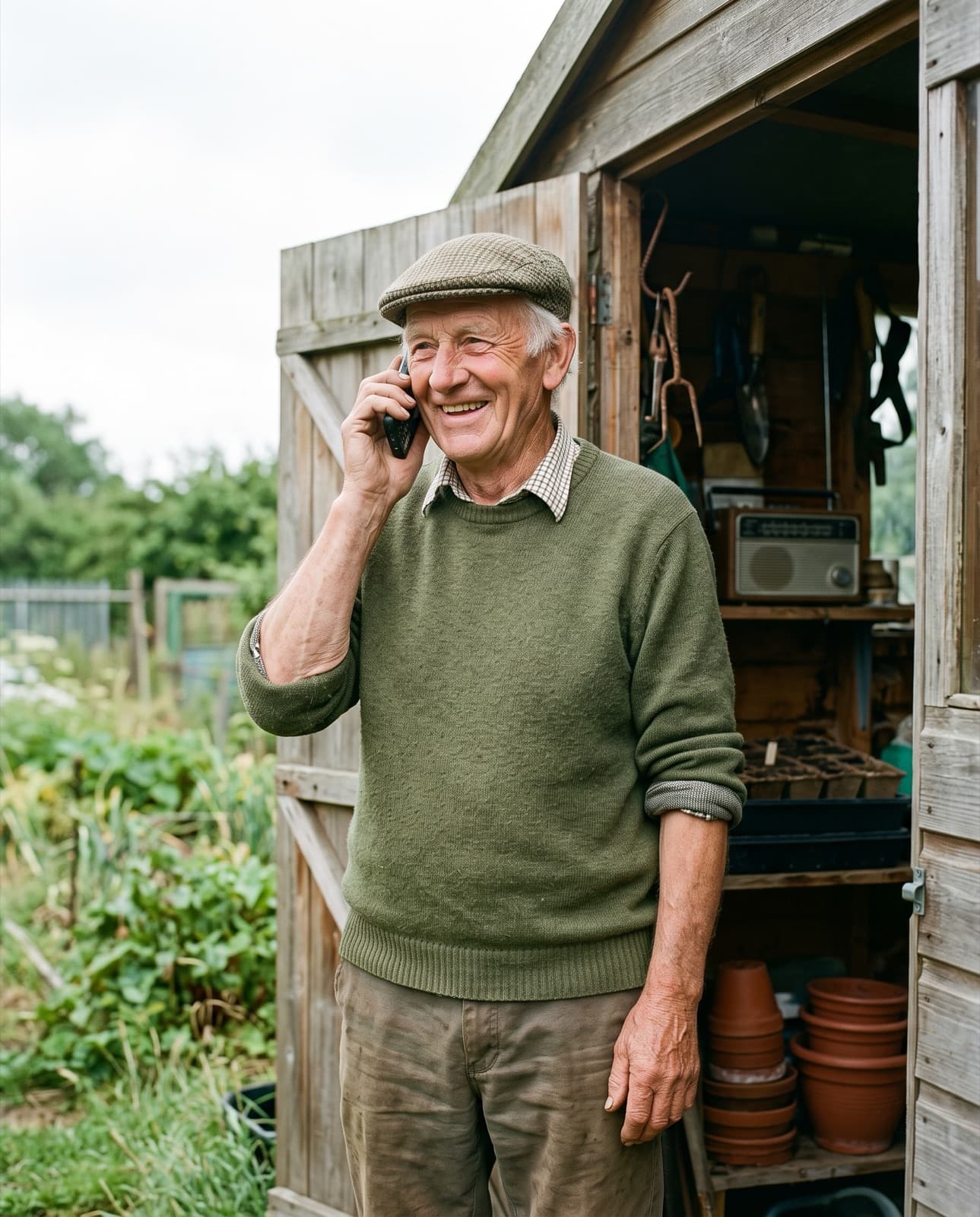 An example parent smiling on his mobile outside his garden shed