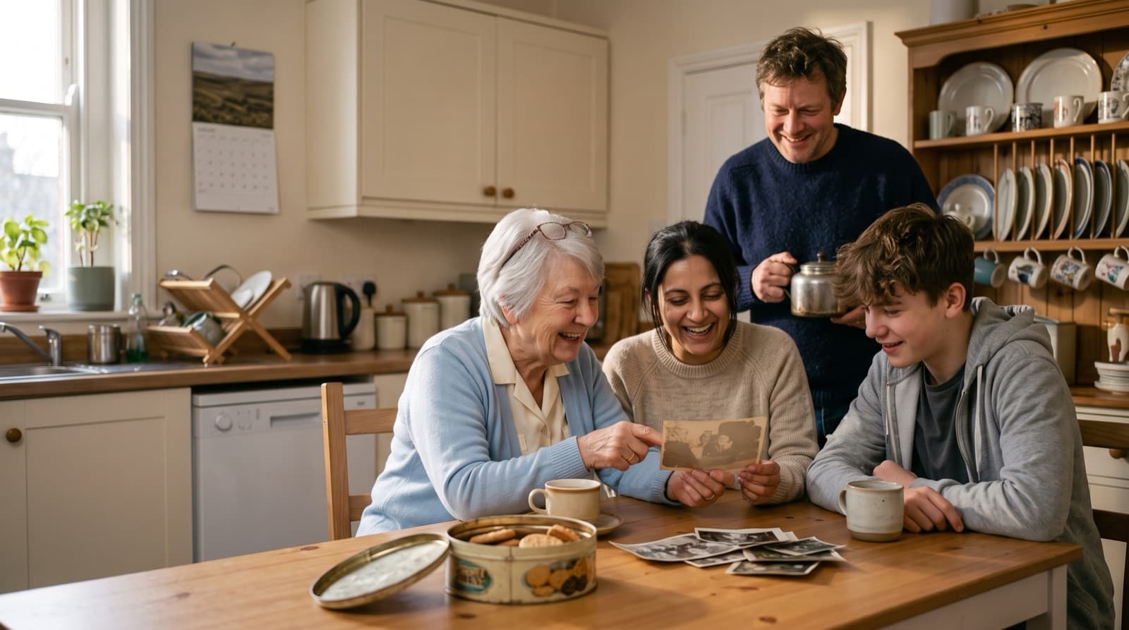 An example family laughing round a kitchen table as their mum shows them an old photograph