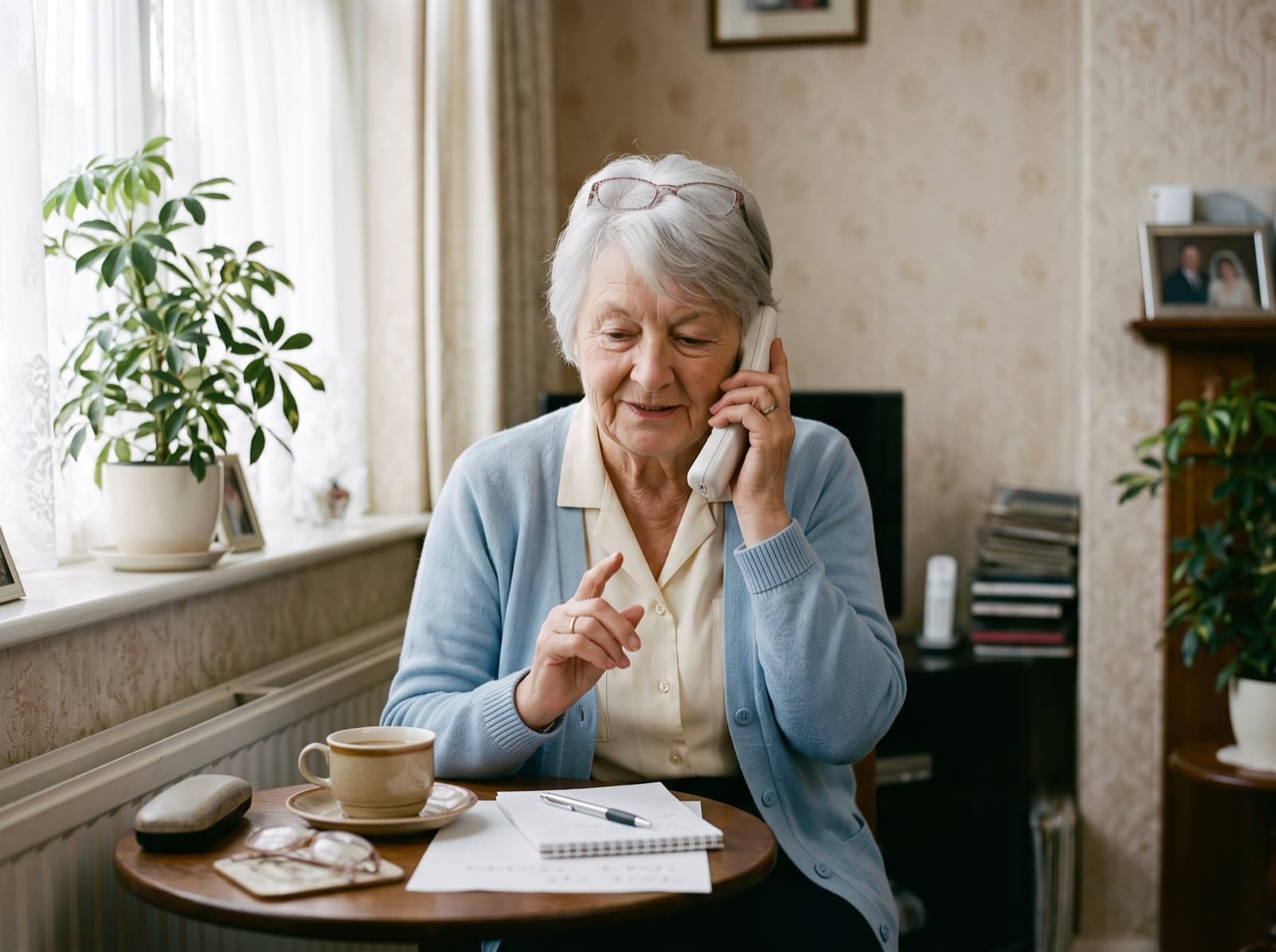 An example parent on a cordless phone at her table, listening carefully with one finger raised