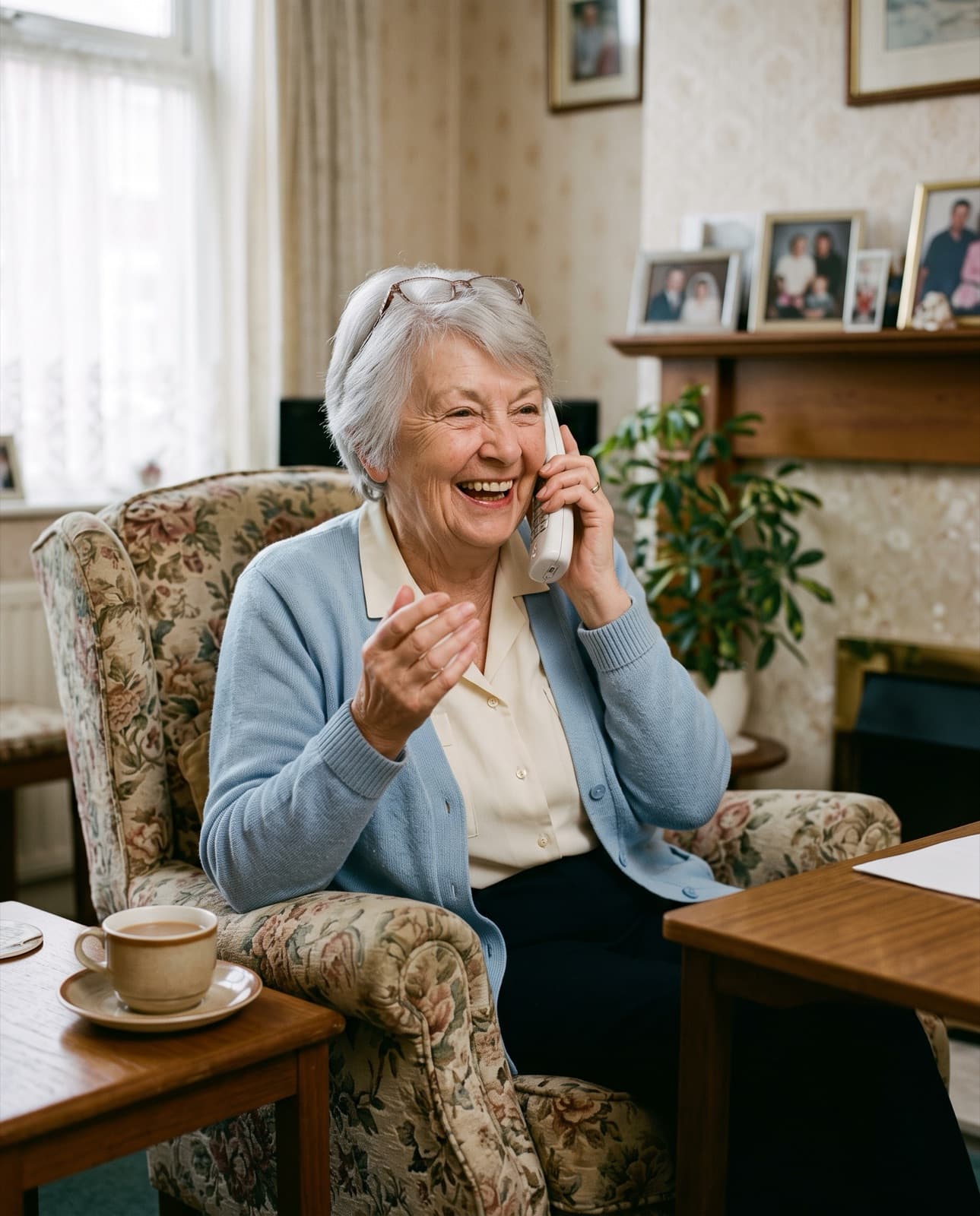 An example parent laughing on a cordless phone in her armchair at home