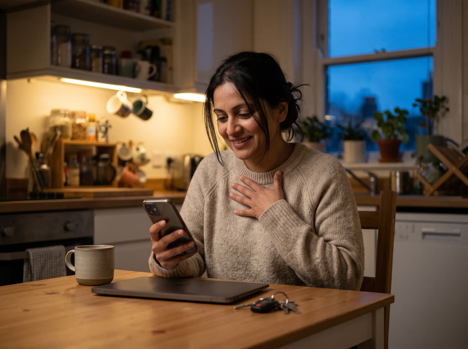 An example family member smiling as she reads an update on her phone at the kitchen table
