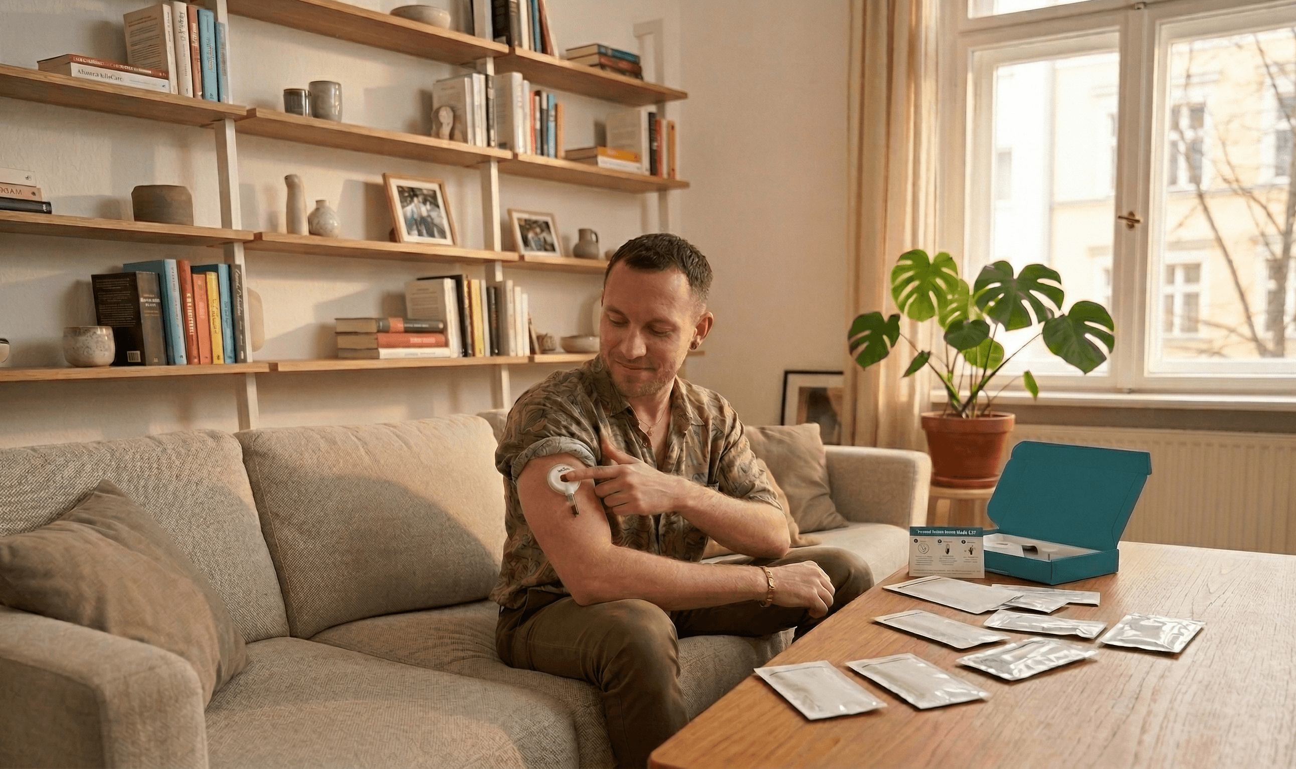 Man collecting a blood sample at home using the alloCare at-home test kit